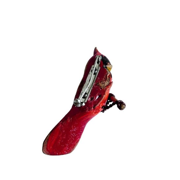 Vintage Wooden Cardinal Brooch 2.25" Painted on Perch Figural - Picture 3 of 4